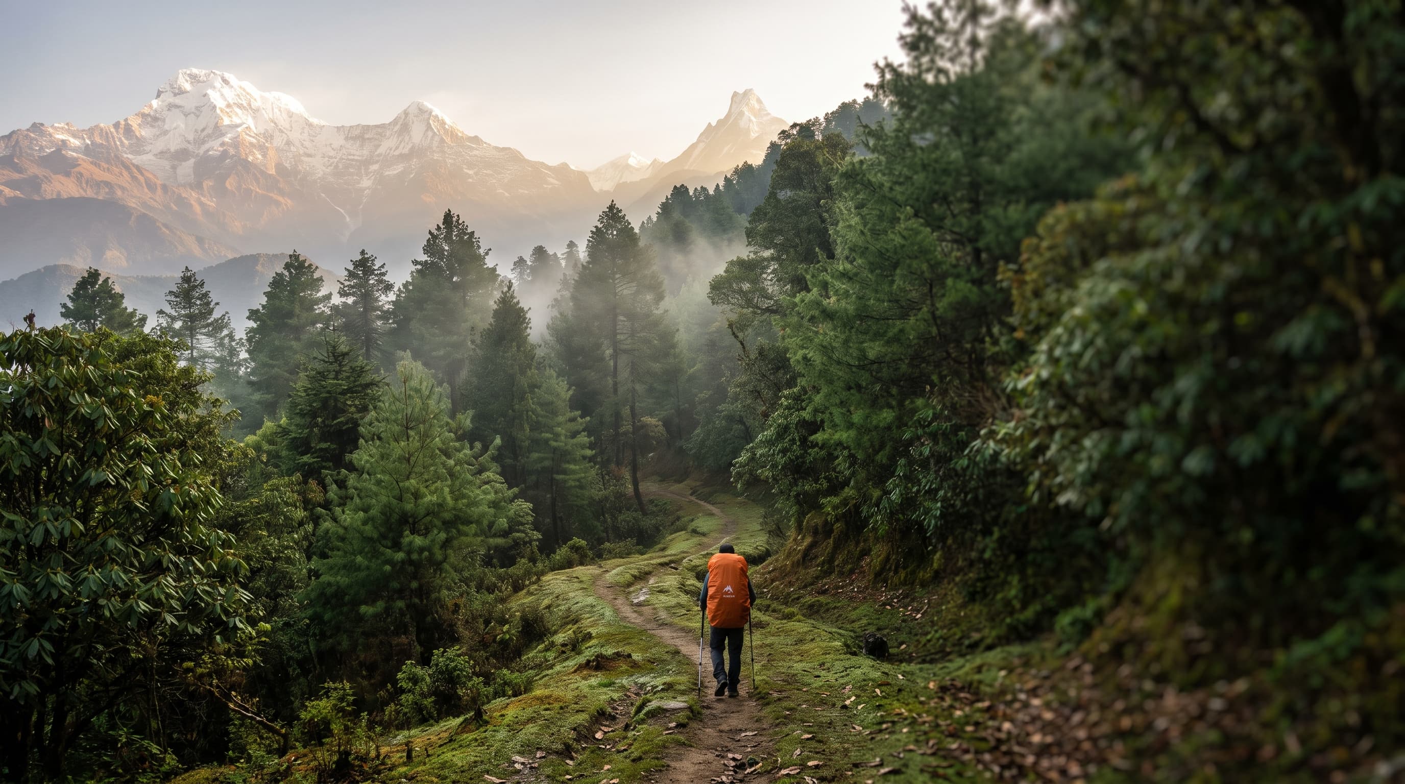 Trekkers walking past a stupa on the Everest trail with snow-covered Himalayan peaks behind
